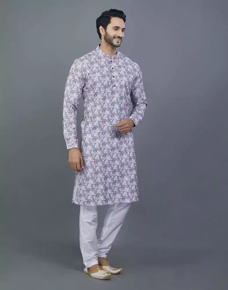 Image of Stunning Grey Color Floral Design Cotton Kurta