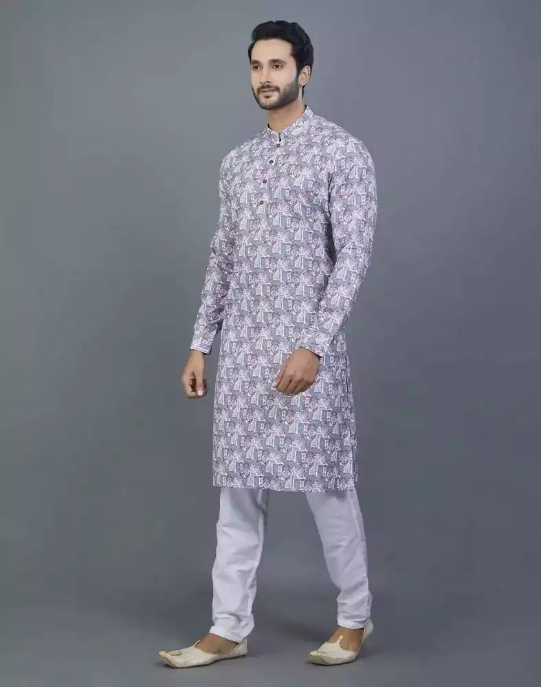 Image of Stunning Grey Color Floral Design Cotton Kurta