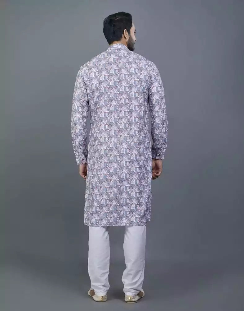 Image of Stunning Grey Color Floral Design Cotton Kurta