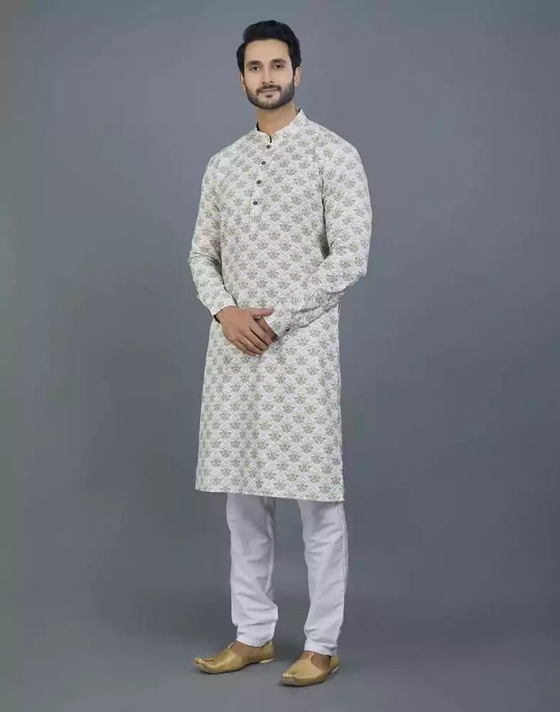 Image of Graceful Off White Floral Print Cotton Kurta