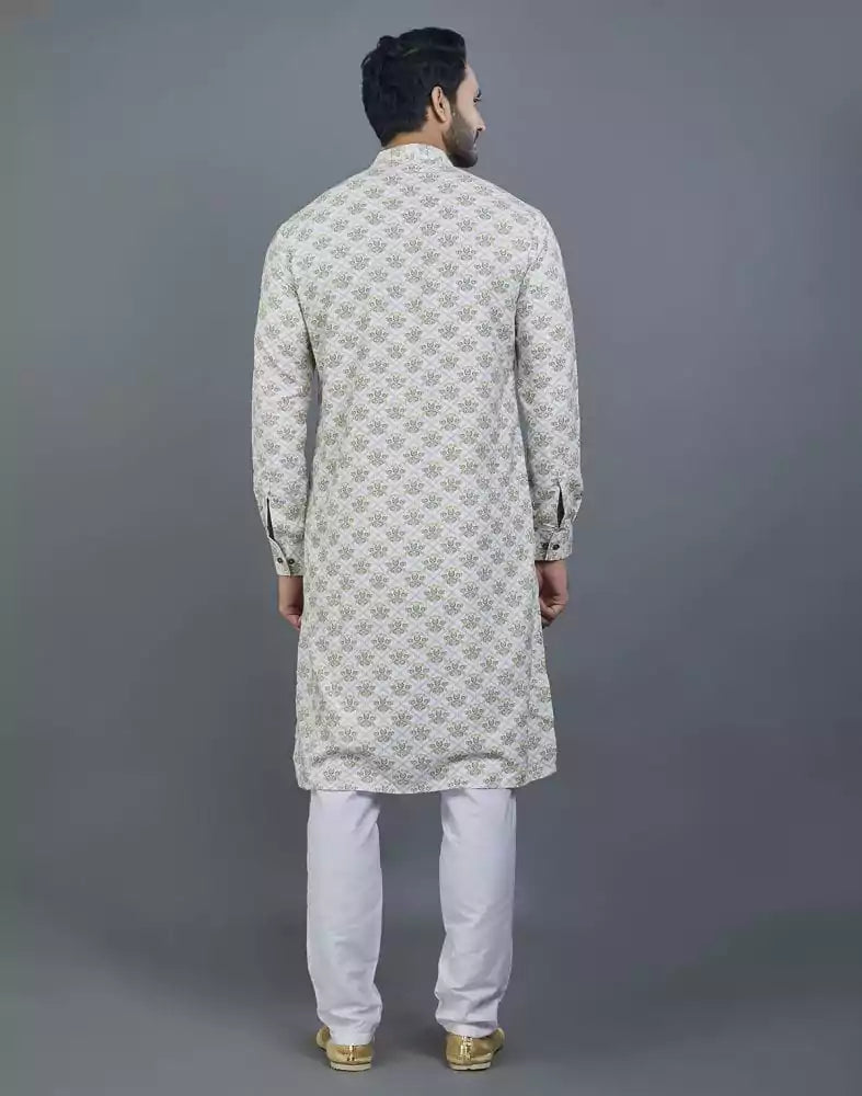 Image of Graceful Off White Floral Print Cotton Kurta