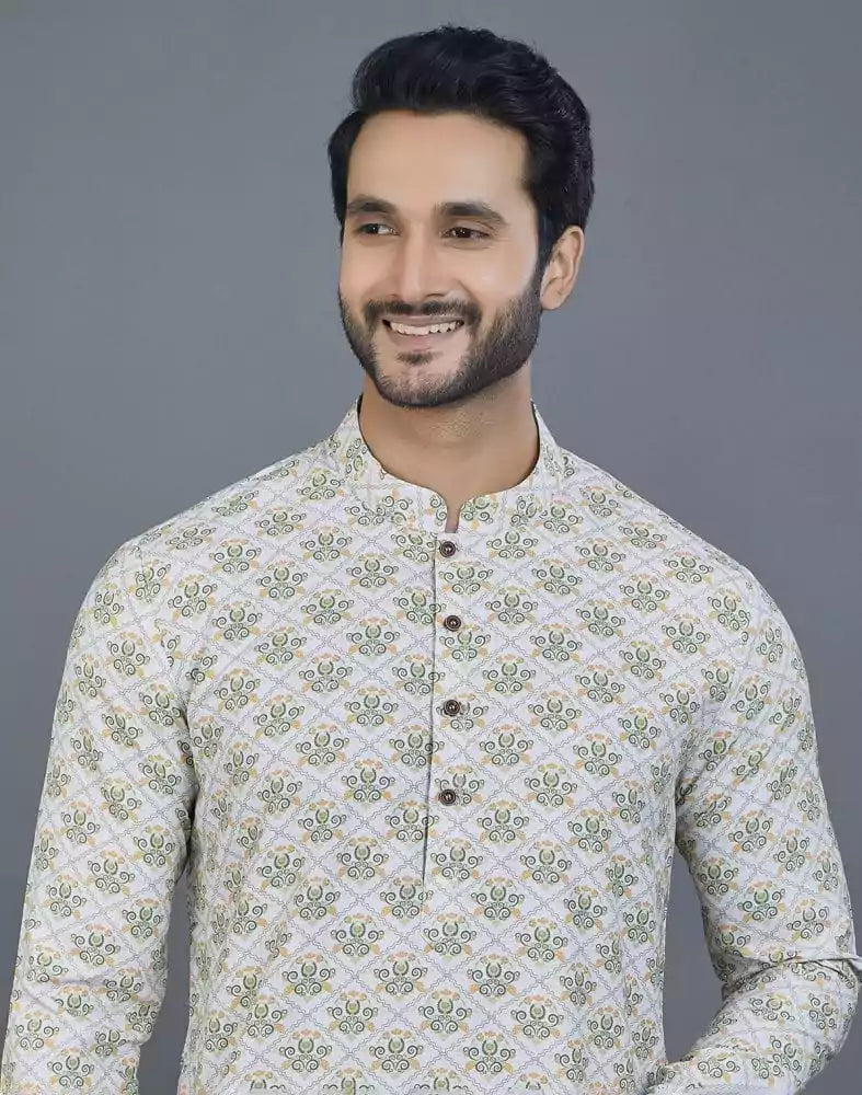 Image of Graceful Off White Floral Print Cotton Kurta