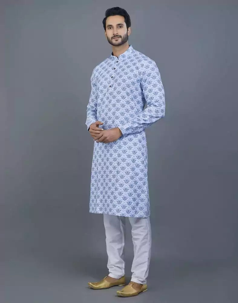 Image of Aesthetic Sky Blue Floral Cotton Kurta