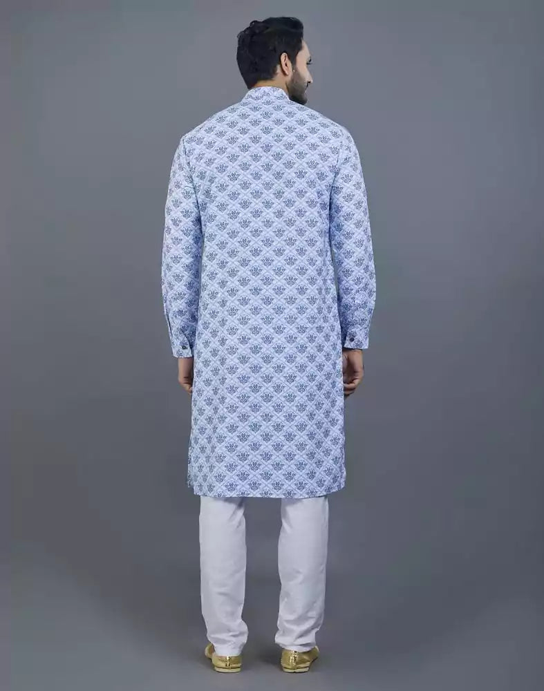 Image of Aesthetic Sky Blue Floral Cotton Kurta