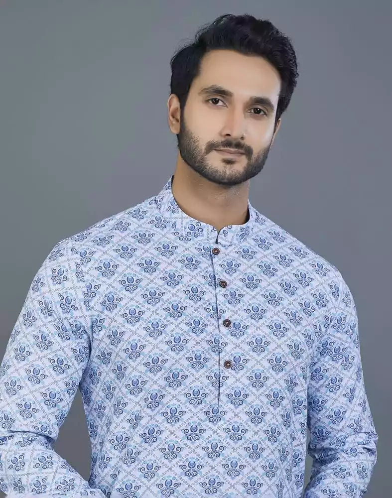 Image of Aesthetic Sky Blue Floral Cotton Kurta