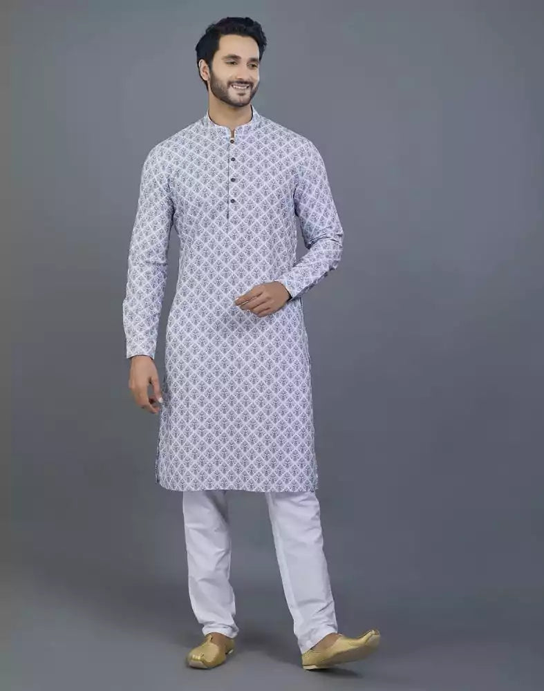 Image of Geometric Print Grey Color Cotton Kurta