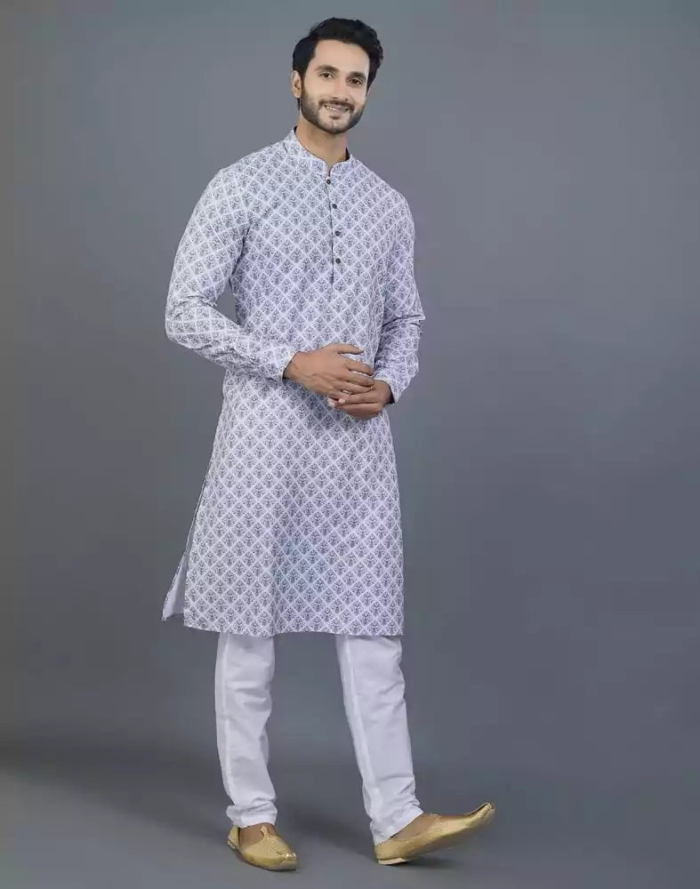 Image of Geometric Print Grey Color Cotton Kurta