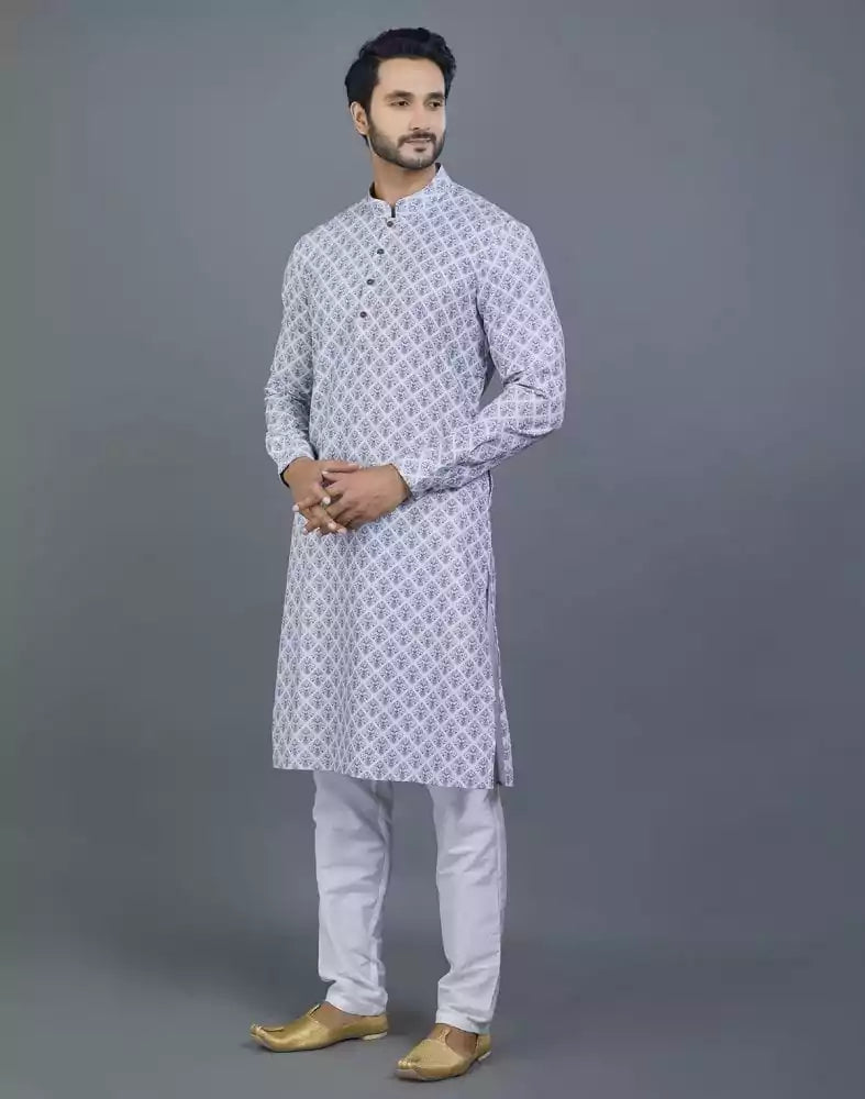 Image of Geometric Print Grey Color Cotton Kurta