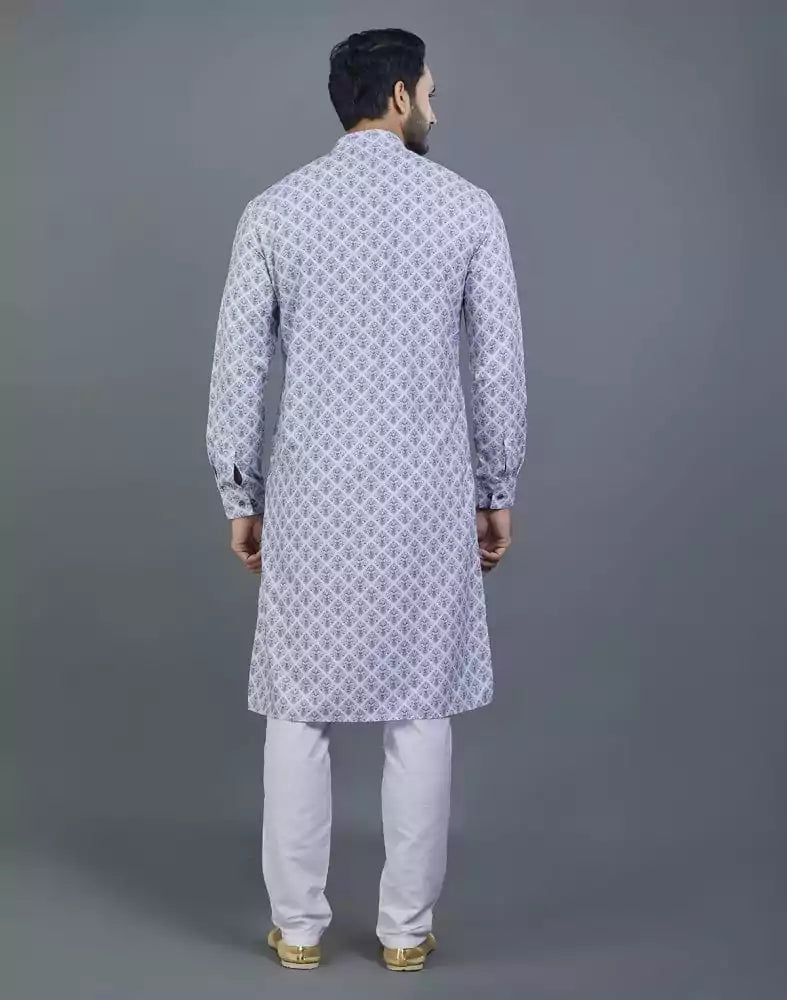 Image of Geometric Print Grey Color Cotton Kurta