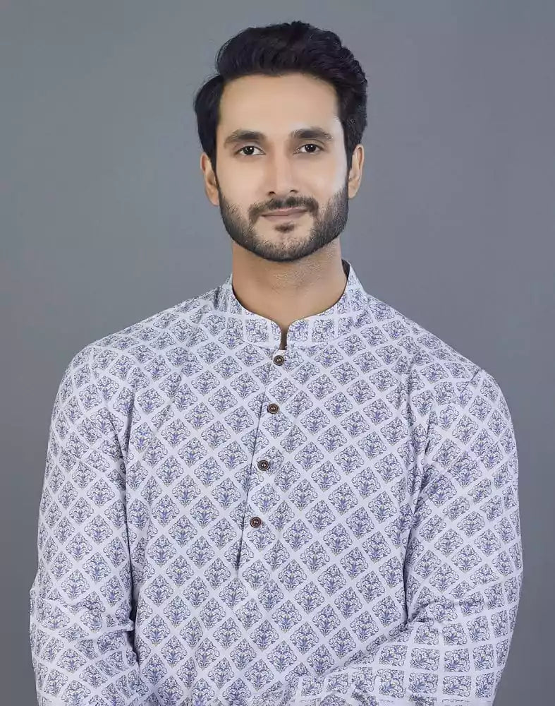 Image of Geometric Print Grey Color Cotton Kurta