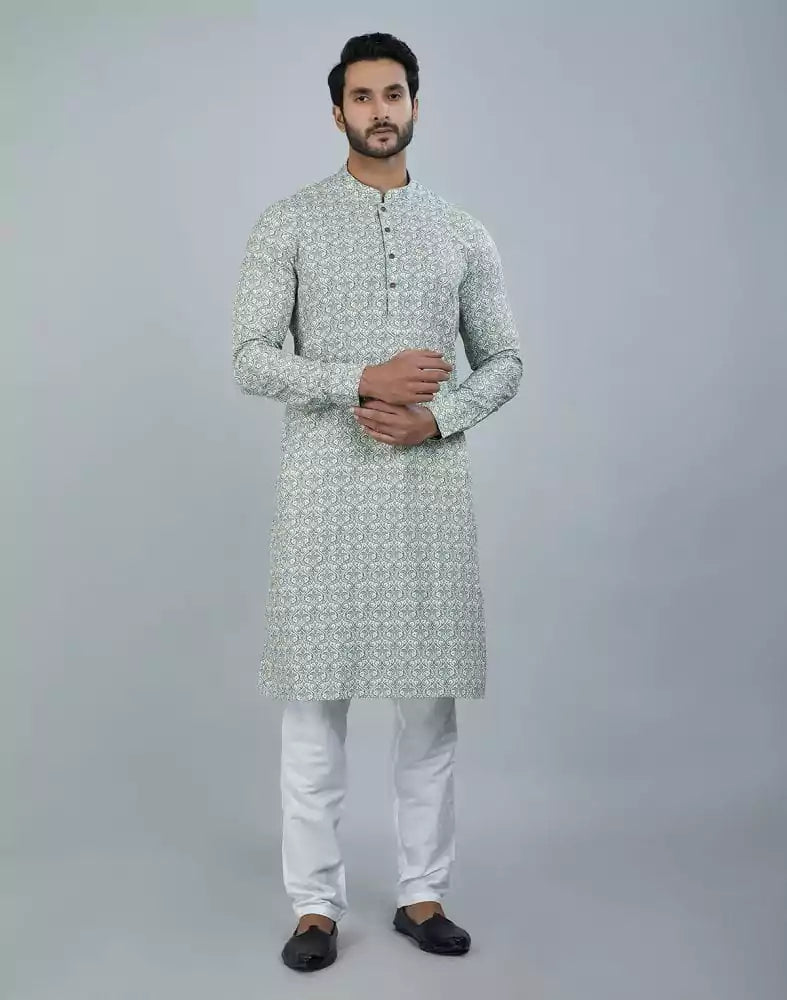 Image of Classic Pista Green Color Botanical Print Cotton Kurta