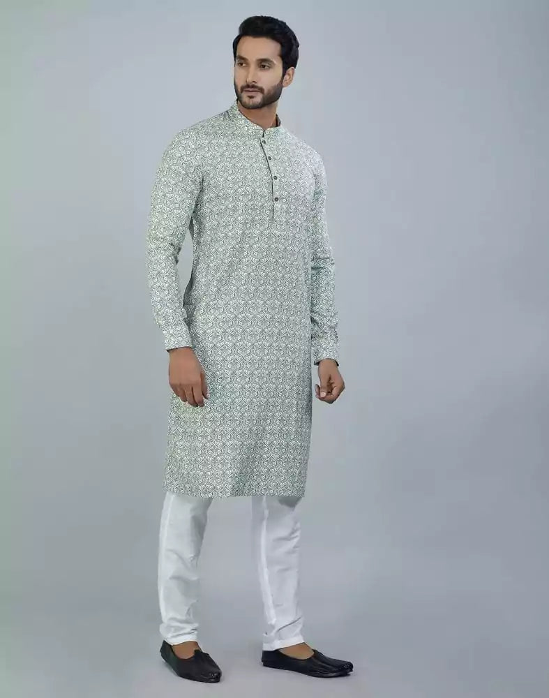Image of Classic Pista Green Color Botanical Print Cotton Kurta