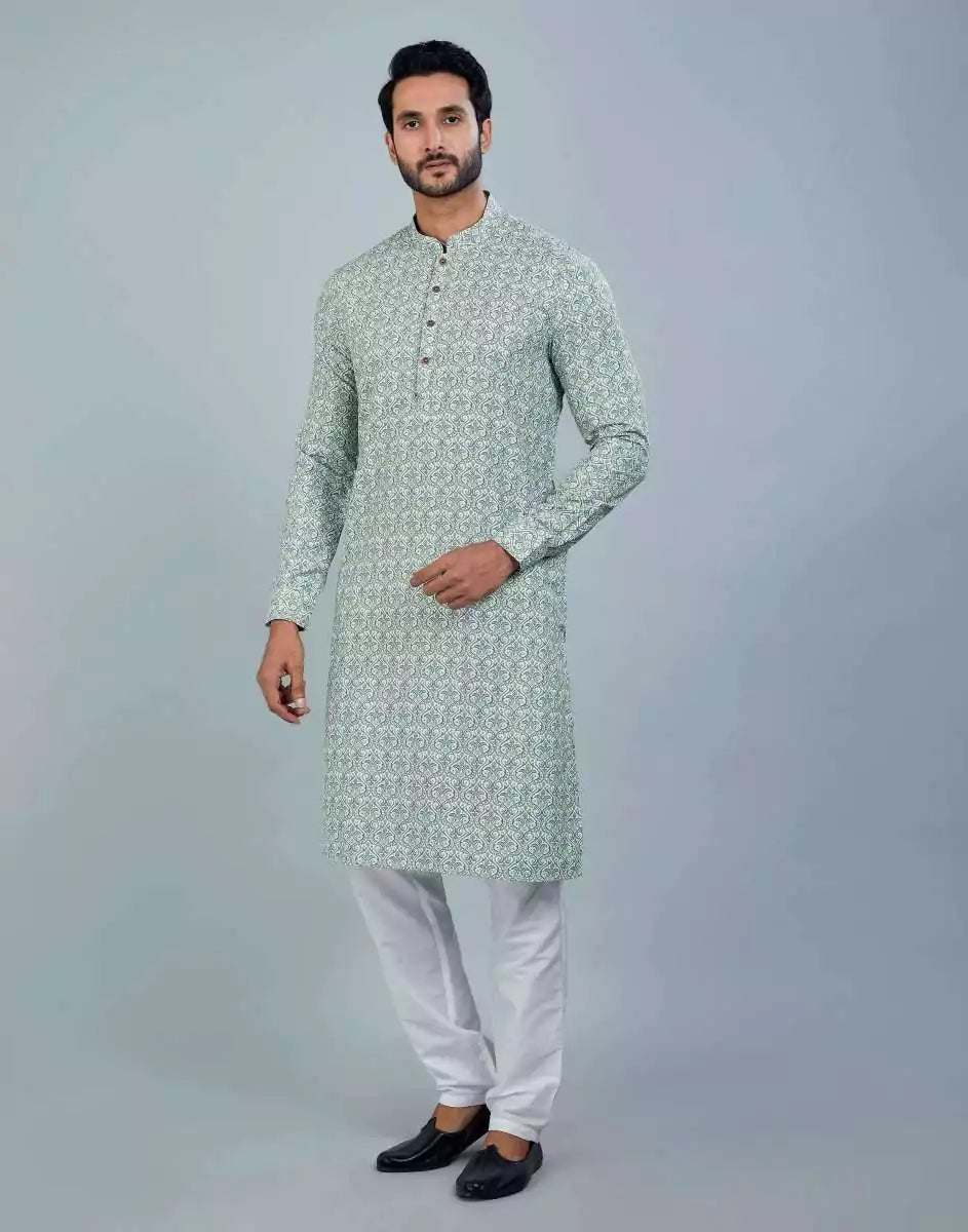 Image of Classic Pista Green Color Botanical Print Cotton Kurta