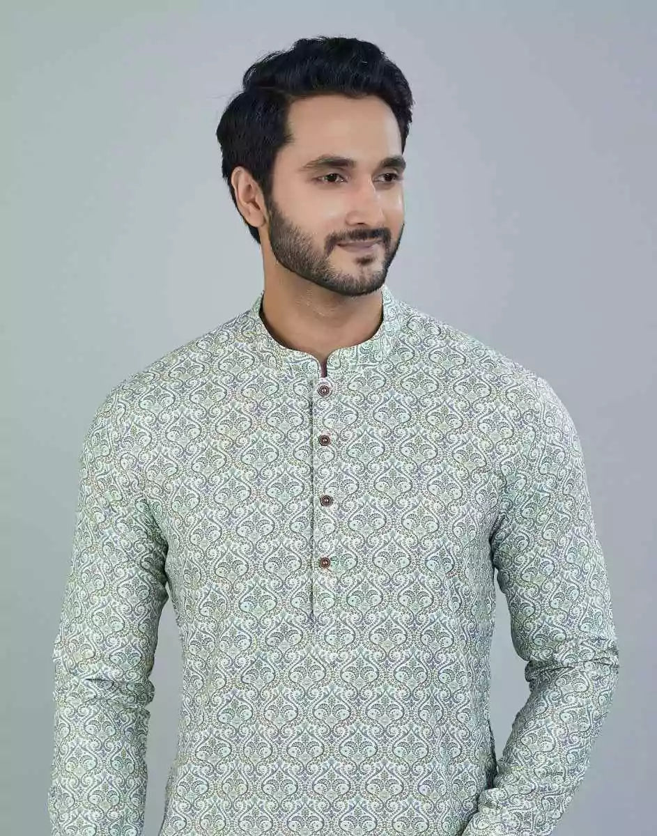 Image of Classic Pista Green Color Botanical Print Cotton Kurta