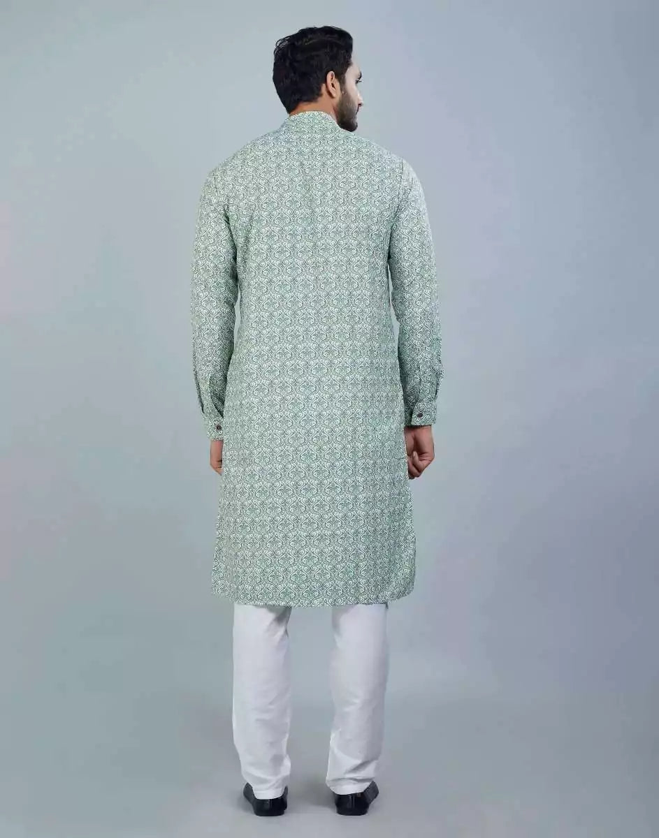 Image of Classic Pista Green Color Botanical Print Cotton Kurta