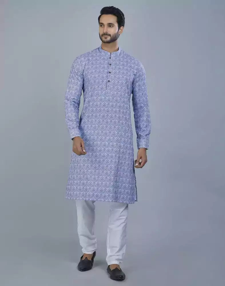 Image of Glamorous Blue Botanical Print Cotton Kurta