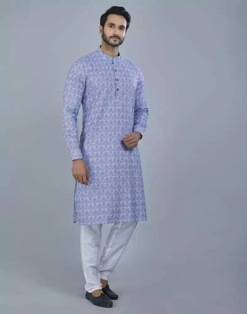 Image of Glamorous Blue Botanical Print Cotton Kurta