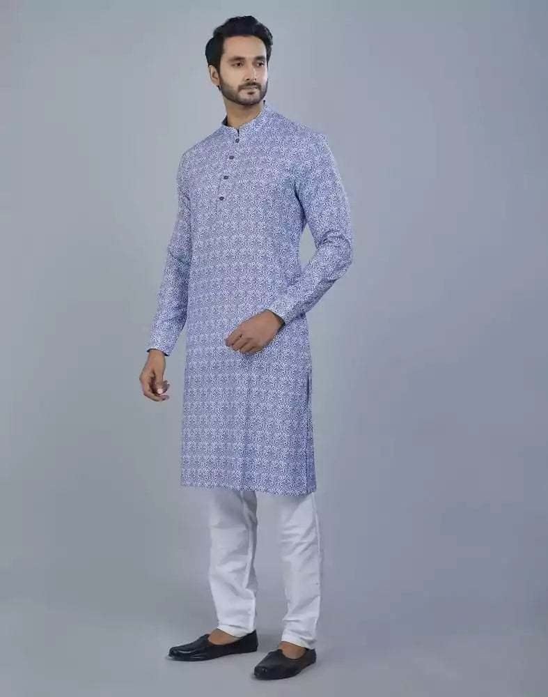 Image of Glamorous Blue Botanical Print Cotton Kurta
