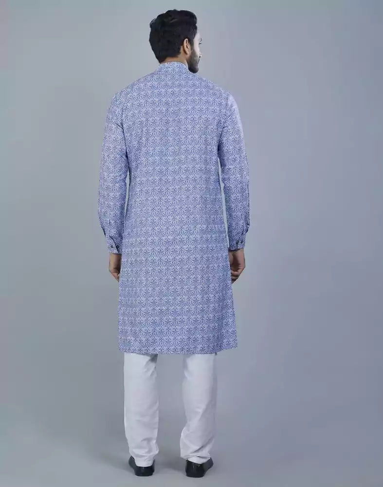 Image of Glamorous Blue Botanical Print Cotton Kurta