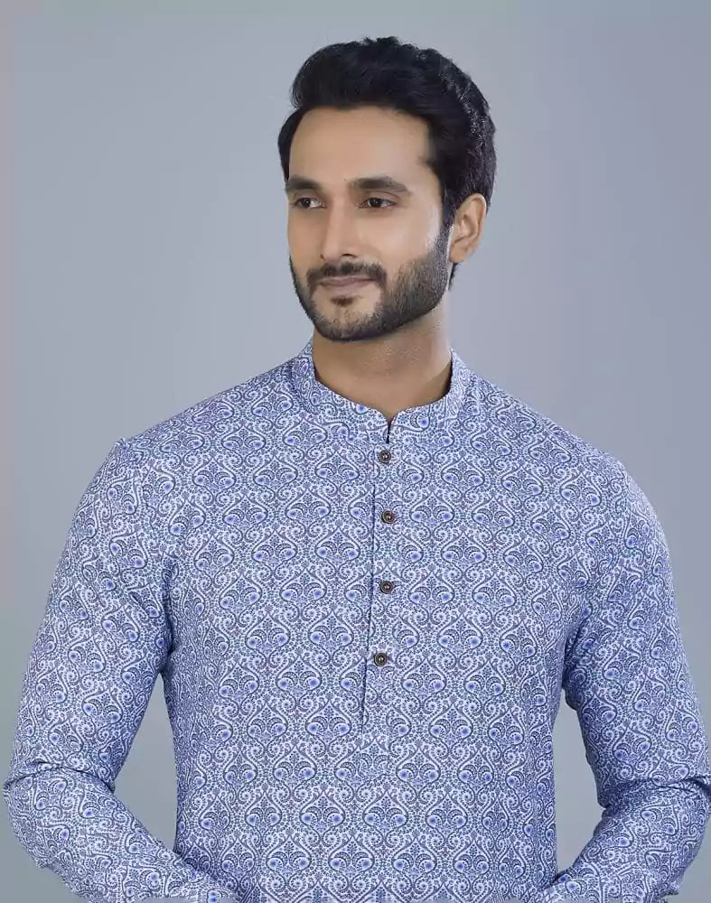Image of Glamorous Blue Botanical Print Cotton Kurta