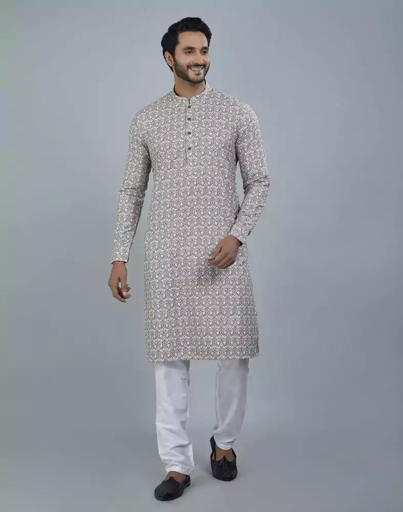 Image of Elegant Green Botanical Print Cotton Kurta