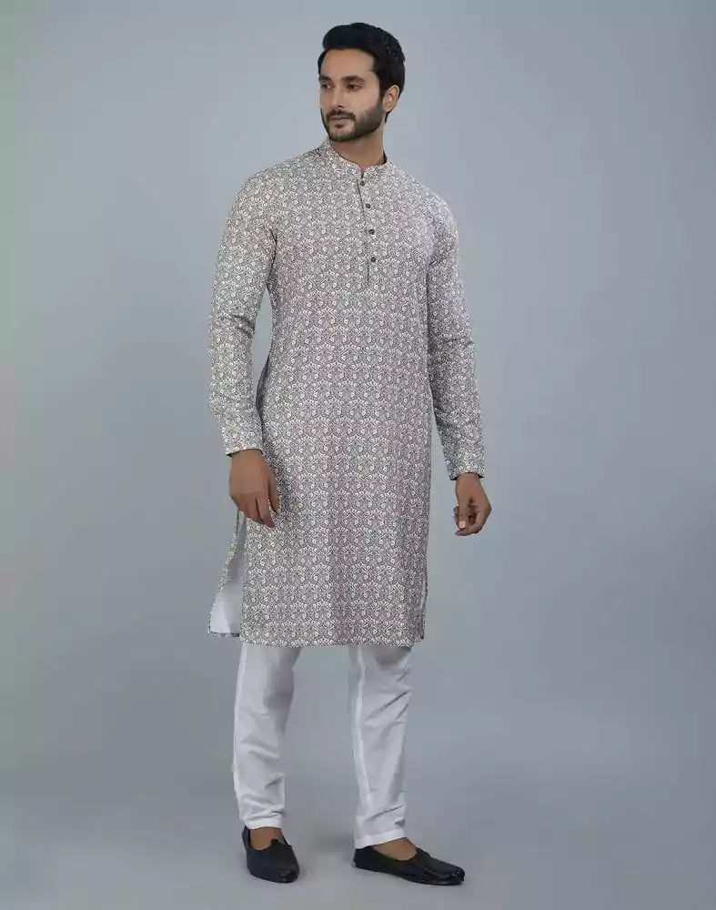 Image of Elegant Green Botanical Print Cotton Kurta