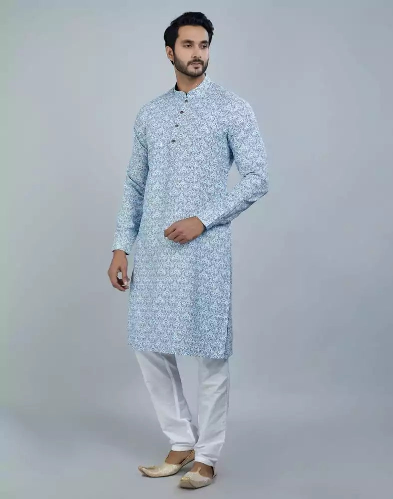 Image of Light Blue Color Botanical Print Cotton Kurta