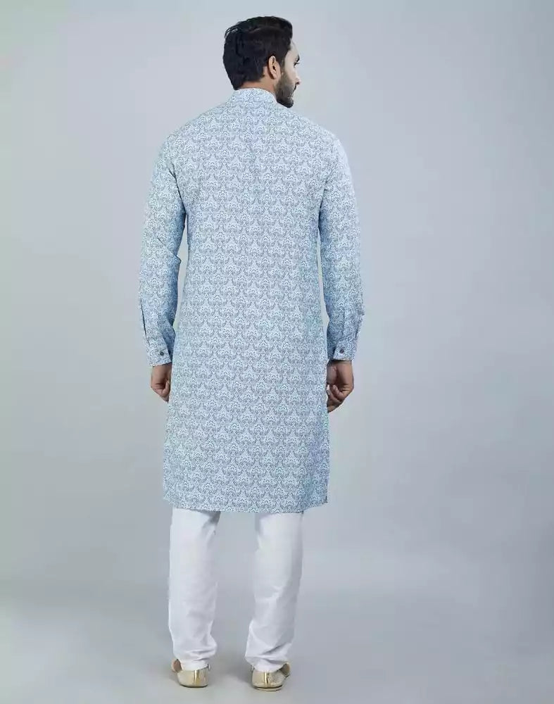 Image of Light Blue Color Botanical Print Cotton Kurta