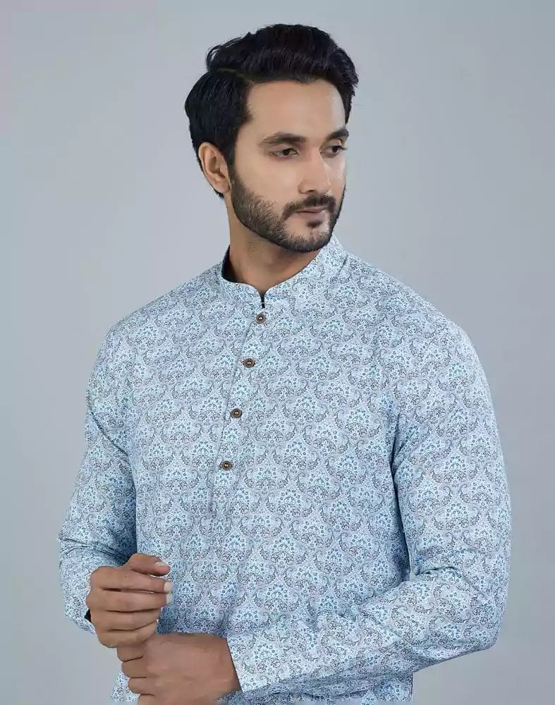 Image of Light Blue Color Botanical Print Cotton Kurta
