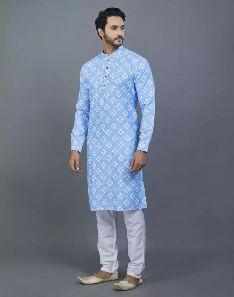 Image of Elegant Royal Blue Geometric print Cotton Kurta