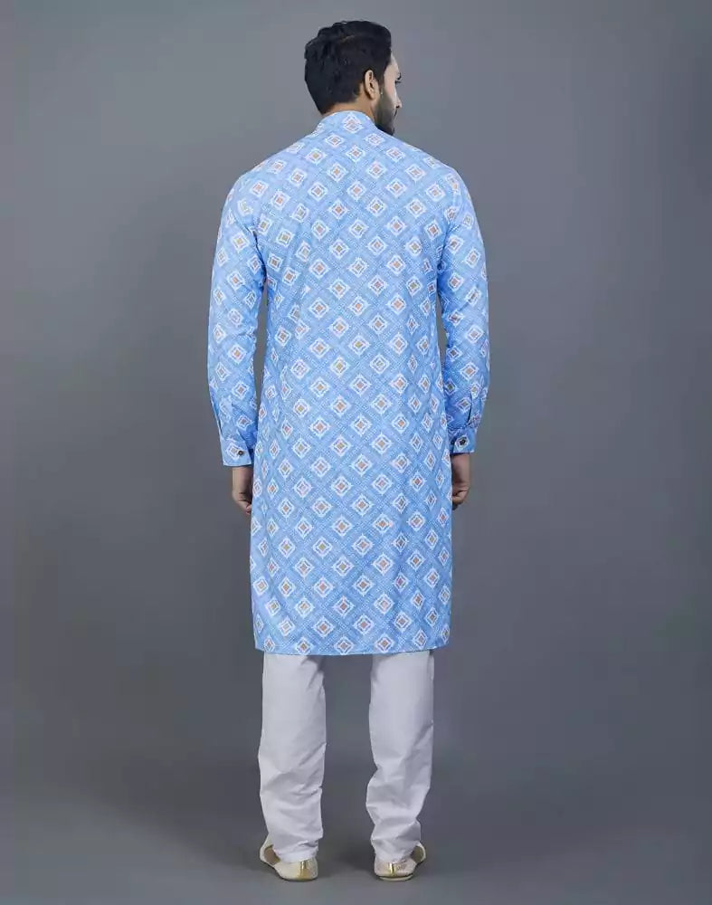 Image of Elegant Royal Blue Geometric print Cotton Kurta