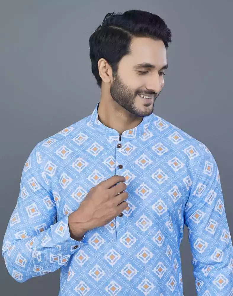 Image of Elegant Royal Blue Geometric print Cotton Kurta
