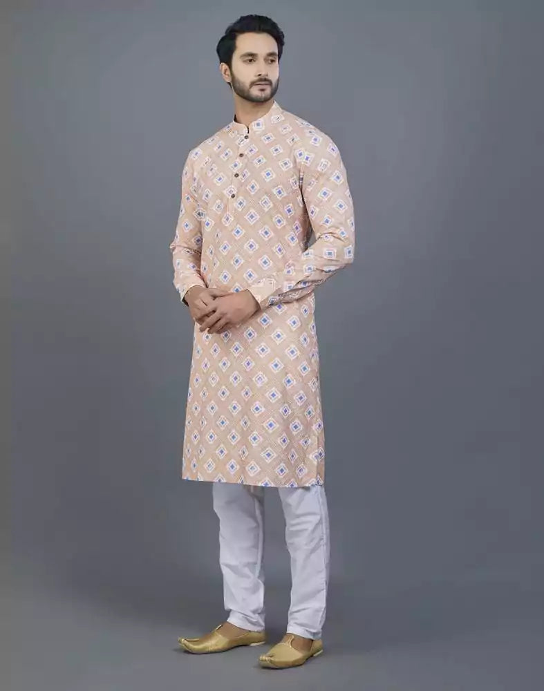 Image of Orange Geometric Printed Cotton Kurta