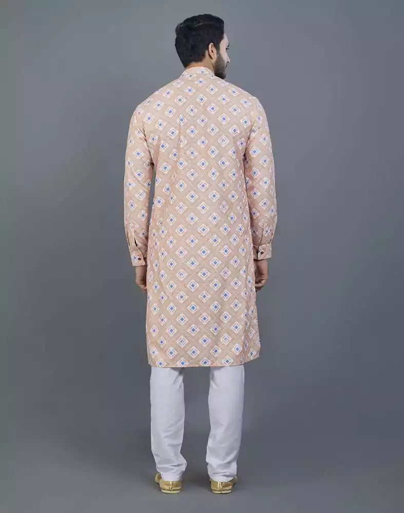 Image of Orange Geometric Printed Cotton Kurta