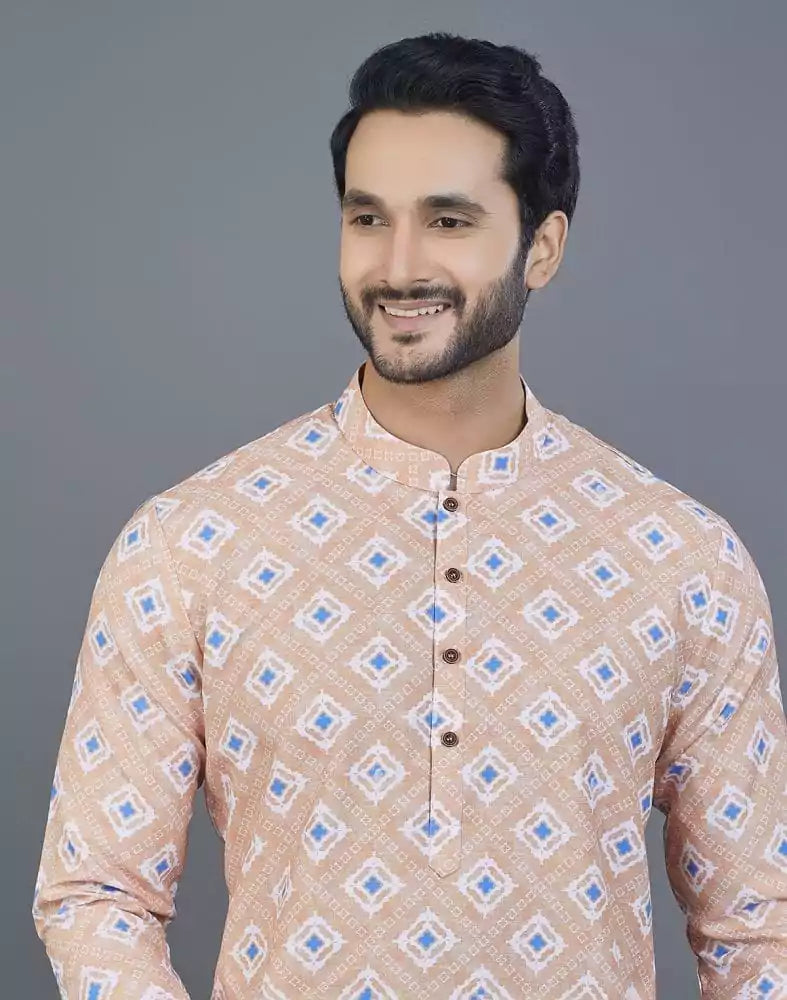Image of Orange Geometric Printed Cotton Kurta