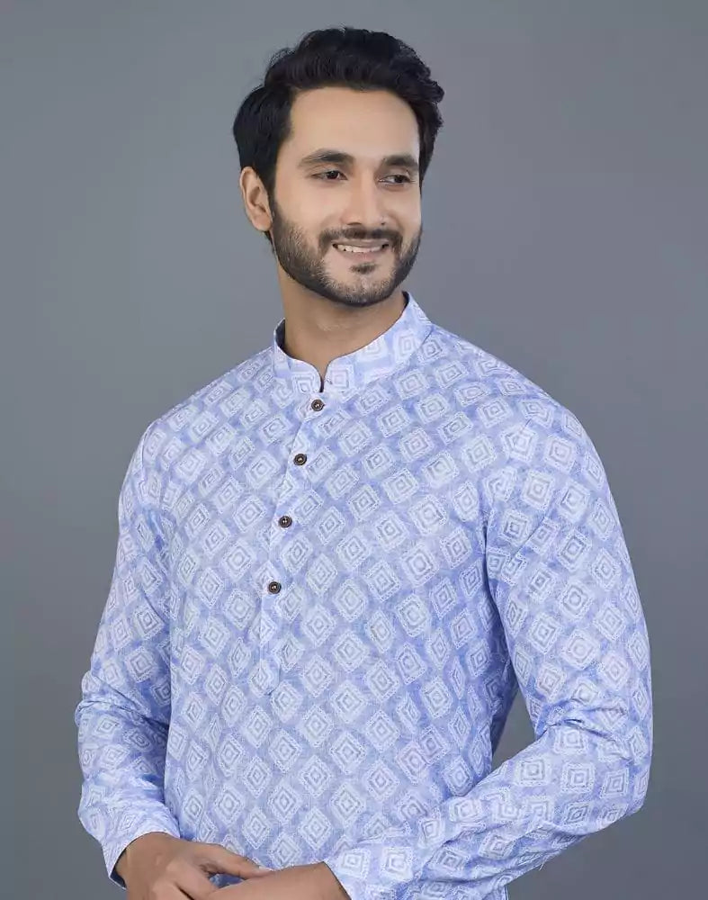 Image of Sky Blue color Geometric cotton Kurta
