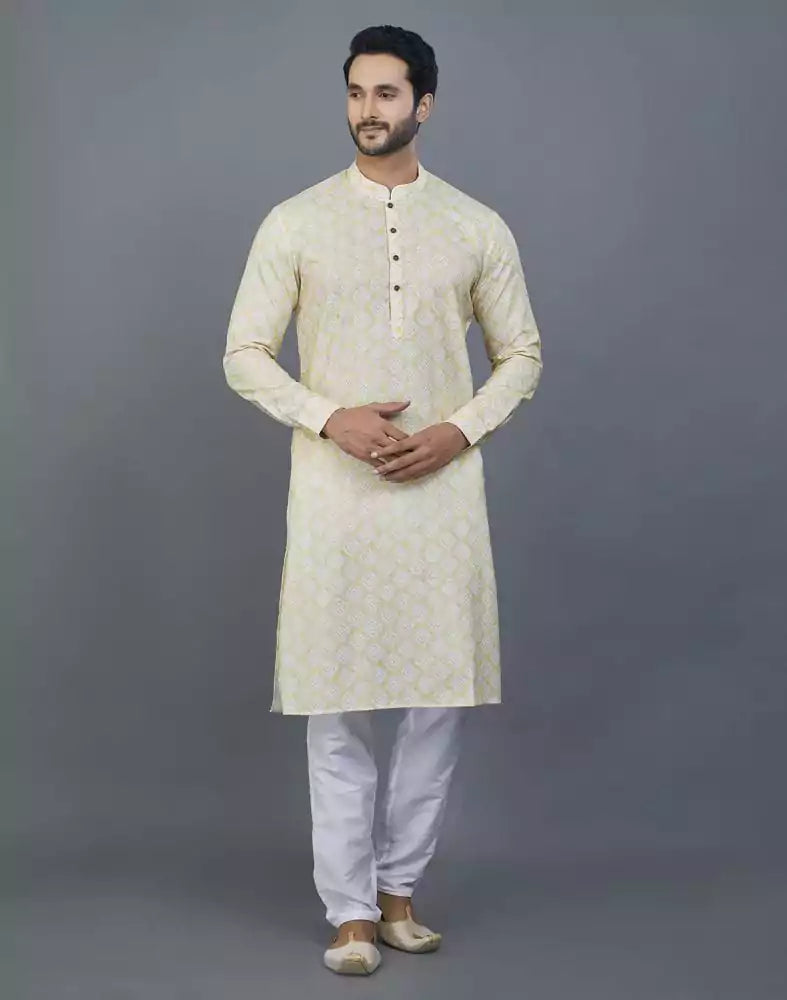 Image of Lemon Colored Geometric Cotton Kurta