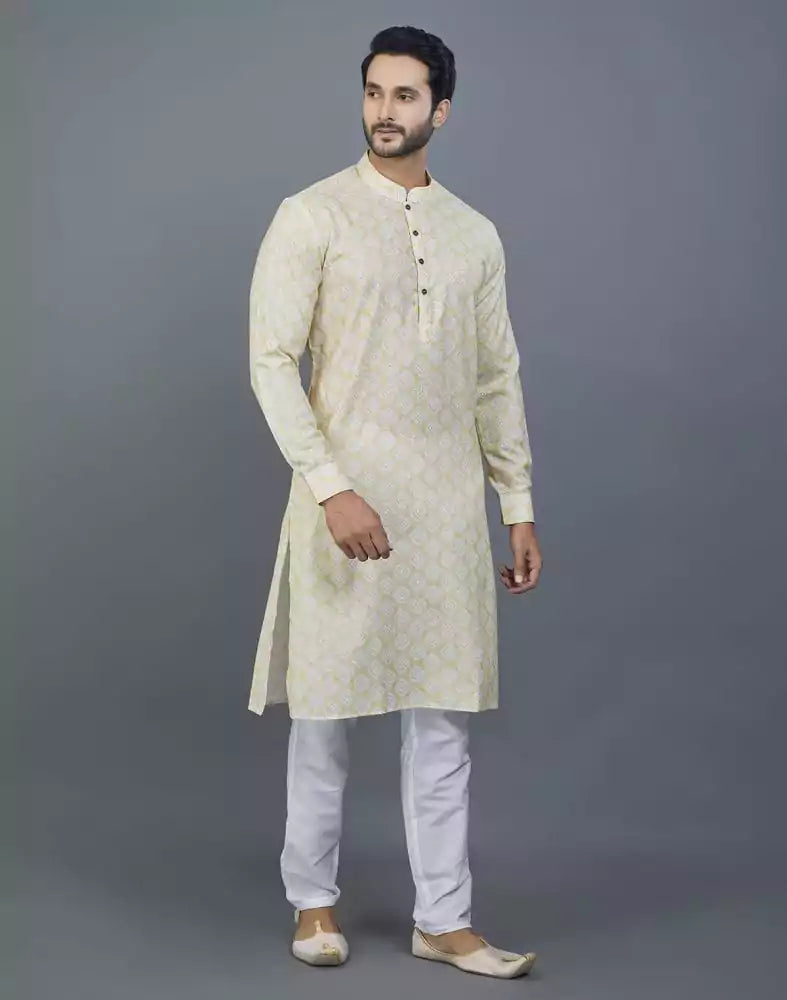 Image of Lemon Colored Geometric Cotton Kurta