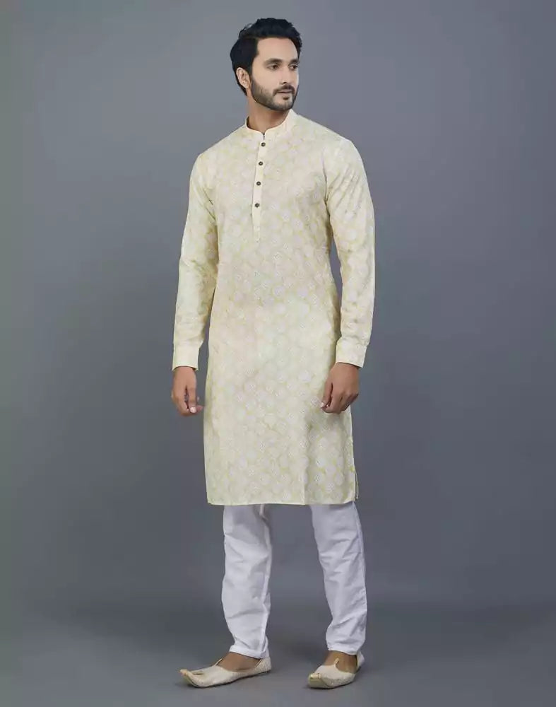 Image of Lemon Colored Geometric Cotton Kurta
