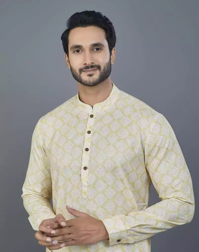 Image of Lemon Colored Geometric Cotton Kurta