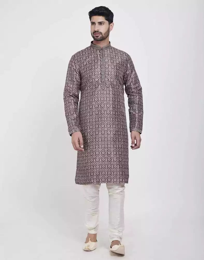 Image of Wine Thread & Collar Work Kurta Pajama Set