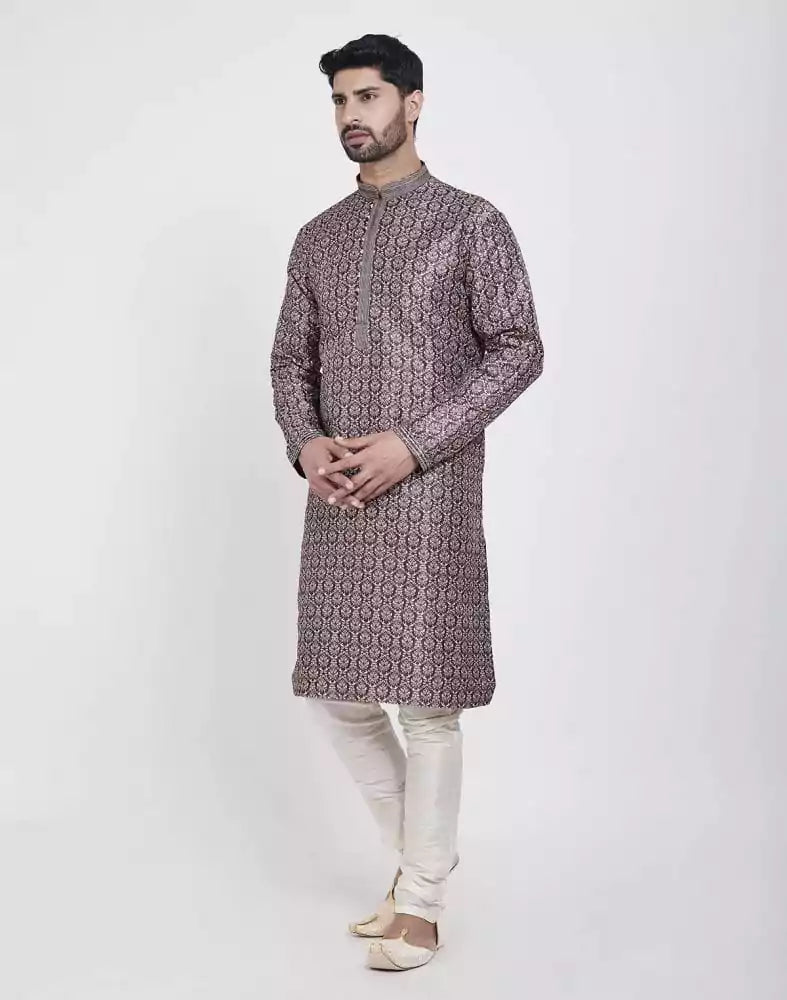 Image of Wine Thread & Collar Work Kurta Pajama Set