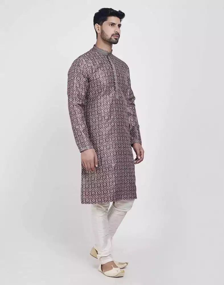 Image of Wine Thread & Collar Work Kurta Pajama Set