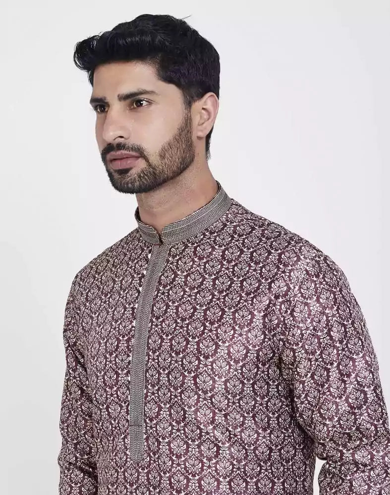 Image of Wine Thread & Collar Work Kurta Pajama Set