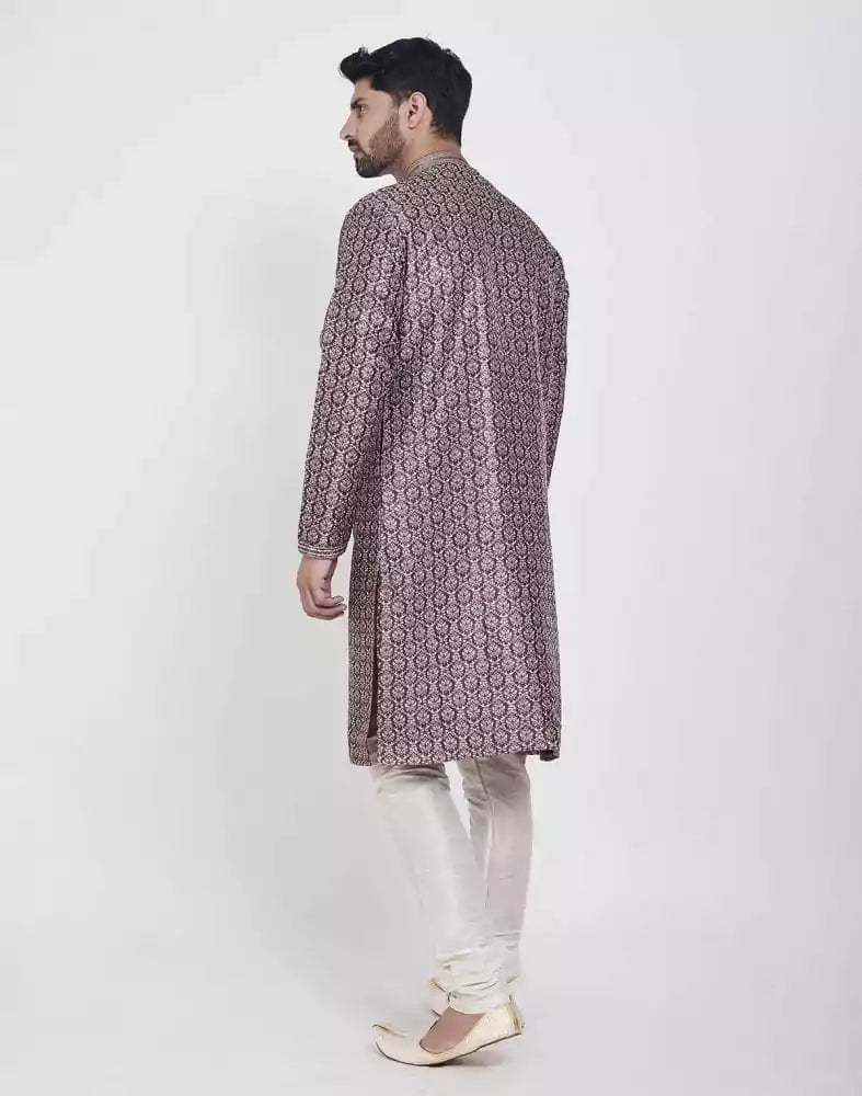 Image of Wine Thread & Collar Work Kurta Pajama Set