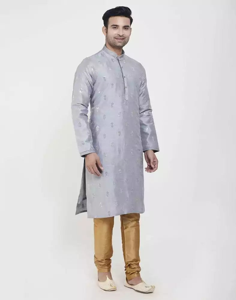 Image of Grey Art silk Kurta Pajama Set