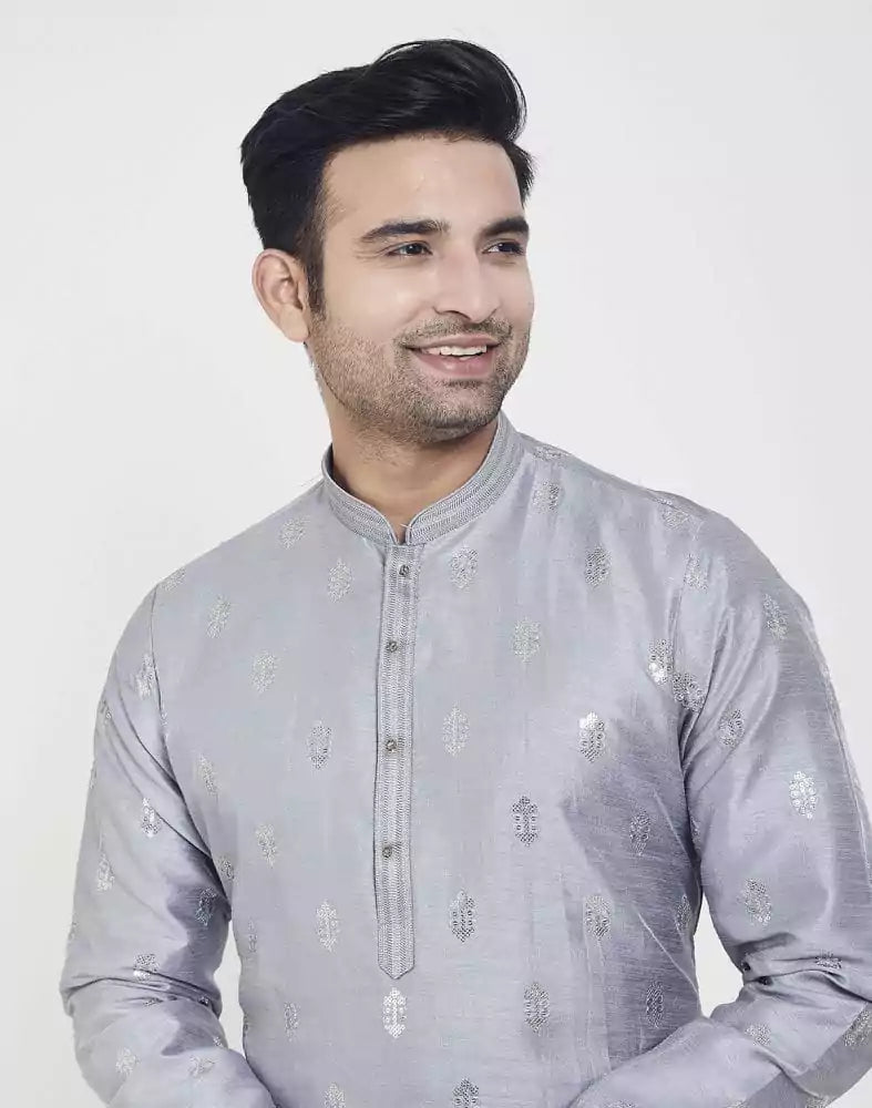 Image of Grey Art silk Kurta Pajama Set