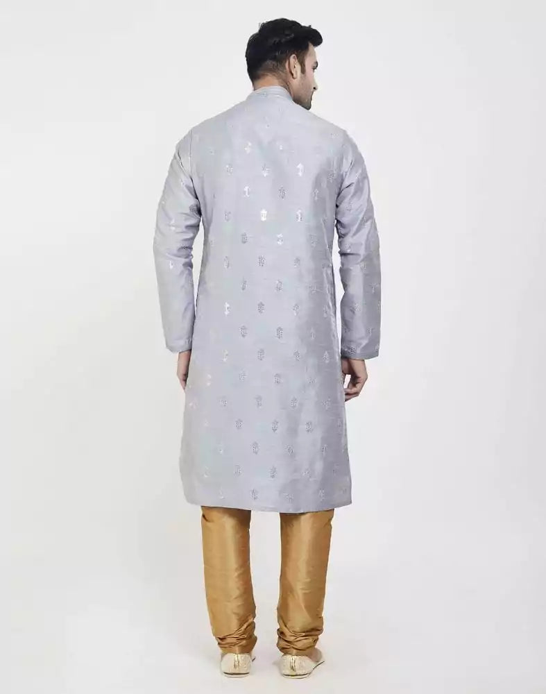 Image of Grey Art silk Kurta Pajama Set
