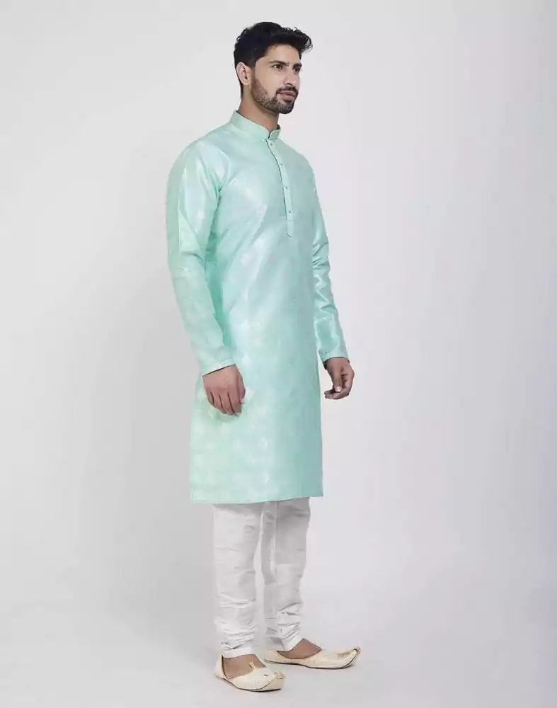 Image of Pista Green Jacquard Self Design Kurta Pajama