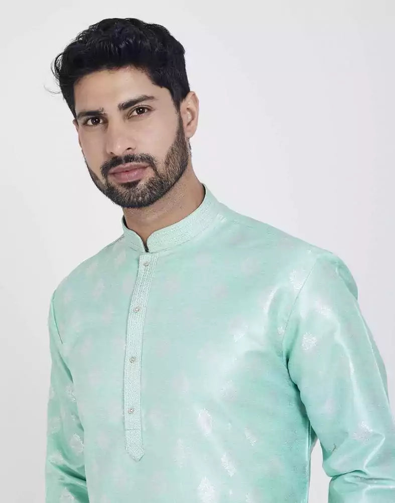 Image of Pista Green Jacquard Self Design Kurta Pajama